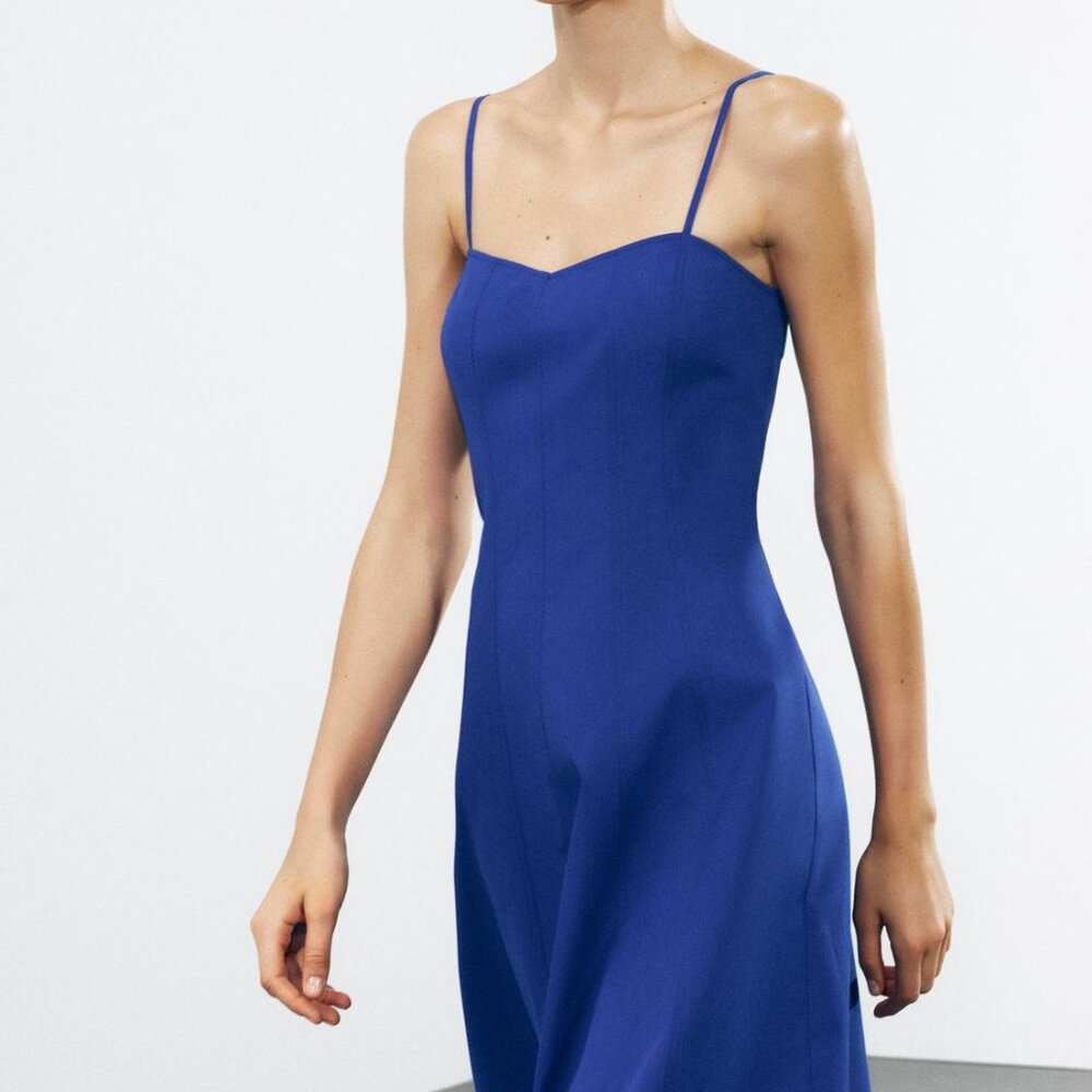 ZARA ZW Collection Poplin Midi Dress Blue Large Organic Cotton V‑Neck Spaghetti - Picture 3 of 13